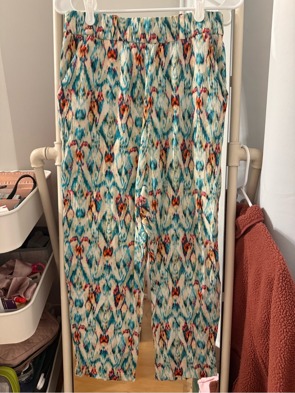 Zara Metallic Gold Ikat Print Wide-Leg Pants